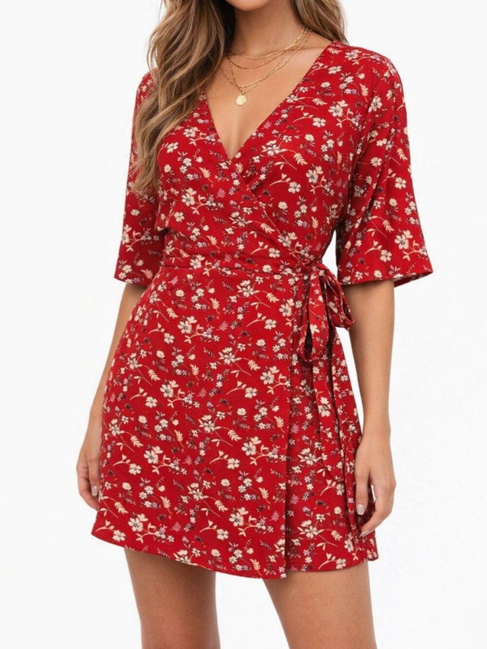 NWOT Sanctuary Red Floral Flowy Faux Wrap Side Tie Mini Dress Boho Cottagecore M